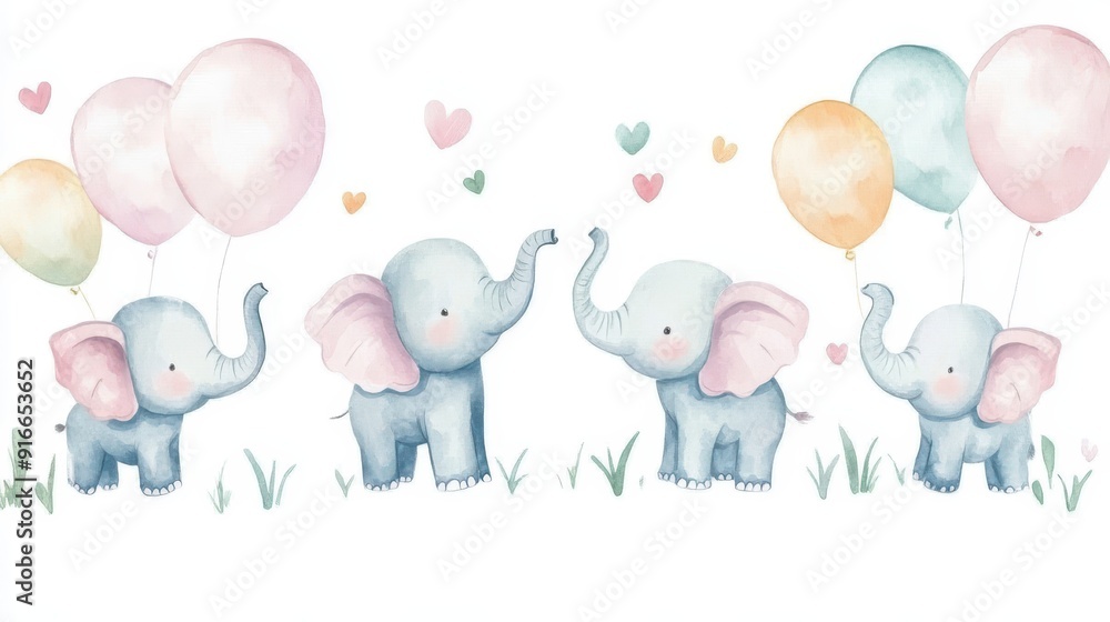 Baby shower banner with playful elephants and balloons on white background Baby shower banner with playful elephants and balloons on white background