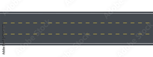 Asphalt road top view with two yellow lines. Vector illustration