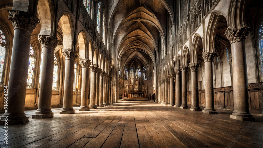 Inside of an ancient gothic cathedral with wooden floor and carved stone columns Inside of an ancient gothic cathedral with wooden floor and carved stone columns