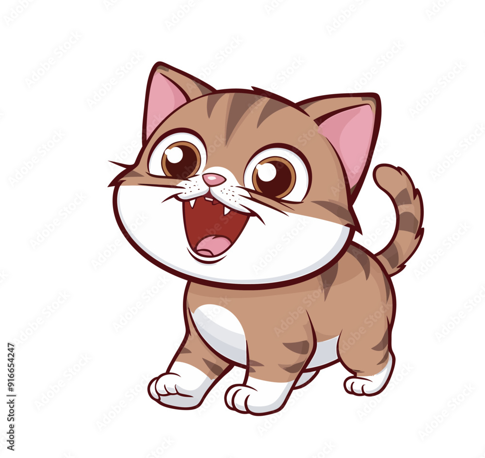 Obraz premium Cute Cartoon Cat Illustration Vector Art, Kawaii Cat Vector for Kids and Pet Lovers, Chibi Kitten with Stripes Vector Graphic