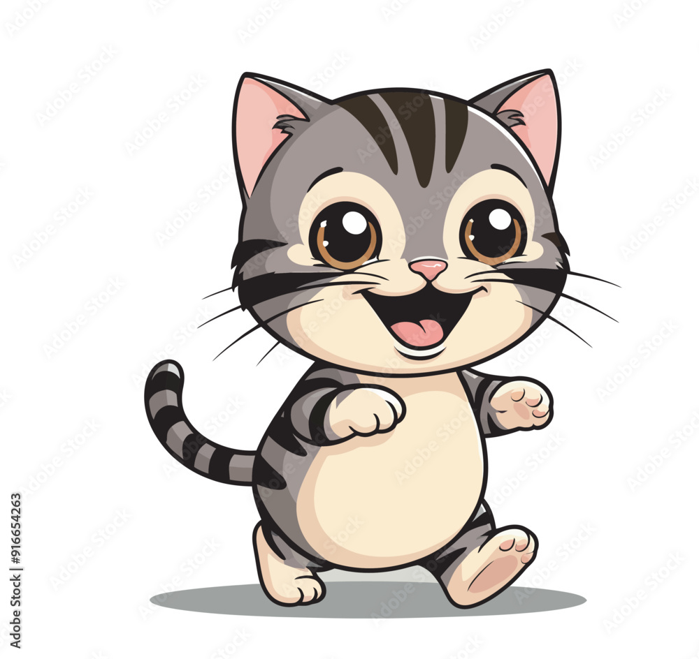 Fototapeta premium Cute Cartoon Cat Illustration Vector Art, Kawaii Cat Vector for Kids and Pet Lovers, Chibi Kitten with Stripes Vector Graphic