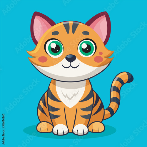 Cute Cartoon Cat Illustration Vector Art, Kawaii Cat Vector for Kids and Pet Lovers, Chibi Kitten with Stripes Vector Graphic