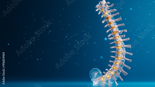 3D Rendered Human Spine Anatomy with  Gold Discs on a Blue Background: A Detailed Visual Representation of the Vertebral Column