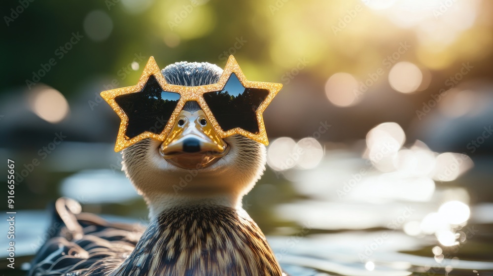 Duck wearing star-shaped sunglasses, bringing a touch of whimsy to the natural setting. Duck wearing star-shaped sunglasses, bringing a touch of whimsy to the natural setting.