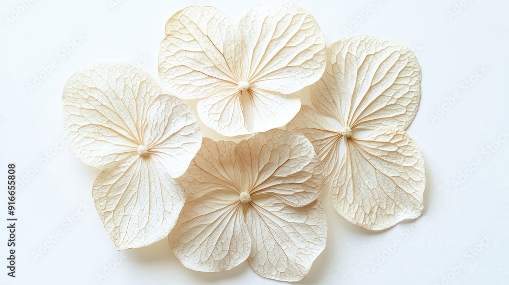 Dried hydrangea bloom pressed flat, showcasing intricate patterns on a bright white background Dried hydrangea bloom pressed flat, showcasing intricate patterns on a bright white background