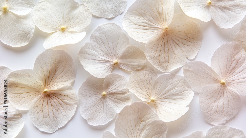 Detailed close-up of pressed hydrangea petals against a white background, with fine textures visible Detailed close-up of pressed hydrangea petals against a white background, with fine textures visible
