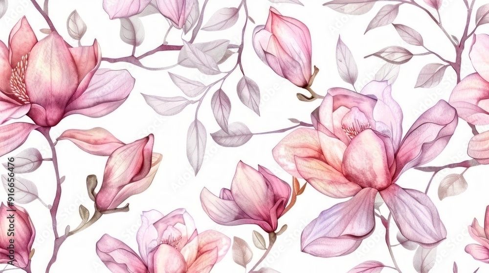 Seamless pattern with watercolor pink magnolia flowers and leaves on a white background. Seamless pattern with watercolor pink magnolia flowers and leaves on a white background.