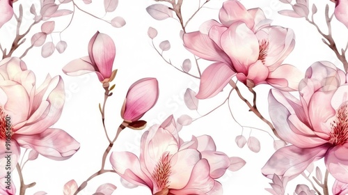 Seamless pattern with watercolor pink magnolia flowers and leaves on a white background.
