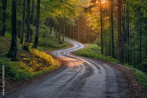 The sunlight is filtering through the branches of trees along a dusty road