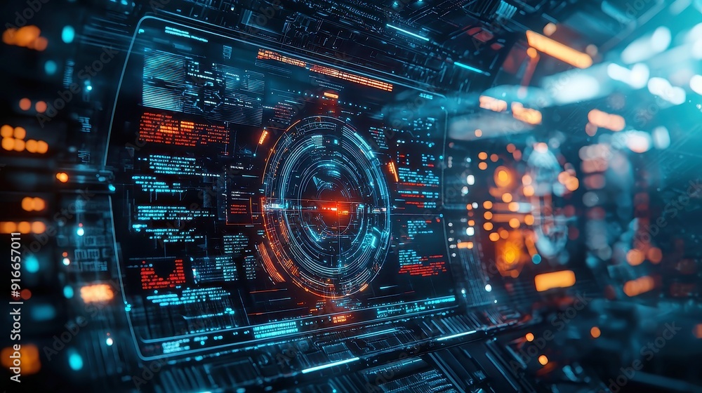 Futuristic Digital Interface, an advanced digital display featuring intricate data visualizations and holographic elements set against a vibrant, dynamic backdrop Futuristic Digital Interface, an advanced digital display featuring intricate data visualizations and holographic elements set against a vibrant, dynamic backdrop