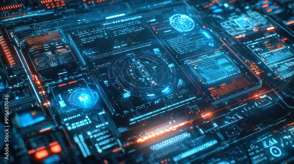 Fototapeta premium Futuristic Digital Interface, a complex digital display featuring holographic elements and interactive data visualizations, set against a dynamic and immersive background.