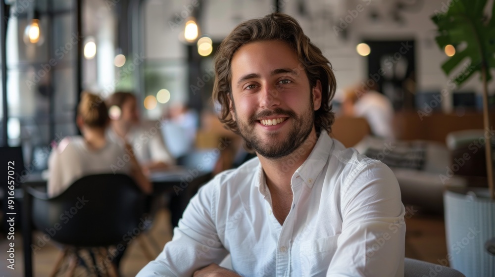 A man with a beard and a smile is sitting at a table in a restaurant A man with a beard and a smile is sitting at a table in a restaurant