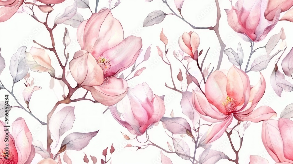 Seamless pattern with watercolor pink magnolia flowers and leaves on a white background. Seamless pattern with watercolor pink magnolia flowers and leaves on a white background.