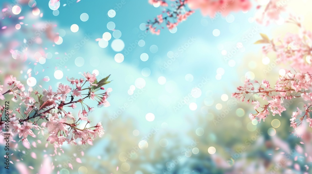 Beautiful blurred spring background nature with blooming glade trees and blue sky on a sunny day Beautiful blurred spring background nature with blooming glade trees and blue sky on a sunny day