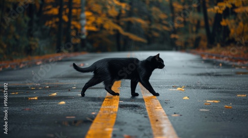 Black cat crossing road