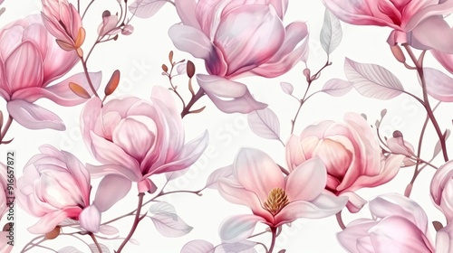 Seamless pattern with watercolor pink magnolia flowers and leaves on a white background.