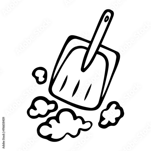 Sweeping dust into a dustpan hand drawn doodle. Cleaning the house from dirt. Laundry room. Vector outline line art illustration.