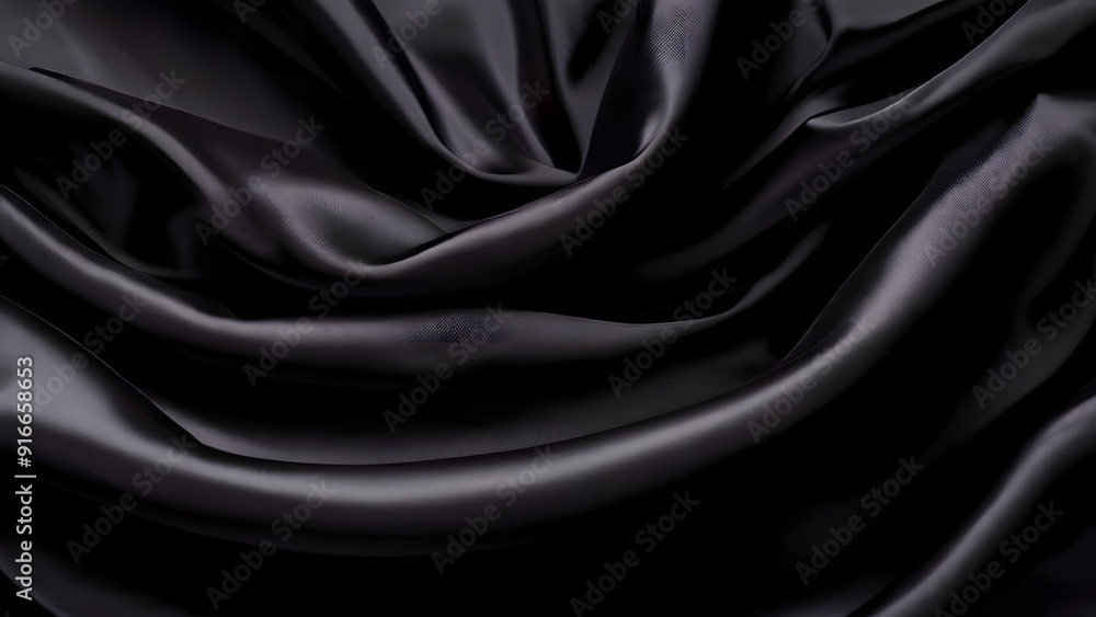 Fototapeta premium Elegant black silk background with dark, luxurious fabric displaying soft folds and waves, featuring an abstract satin or velvet texture in a high-end material design, black satin background.