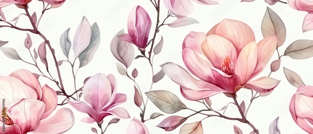 Seamless pattern with watercolor pink magnolia flowers and leaves on a white background. Seamless pattern with watercolor pink magnolia flowers and leaves on a white background.