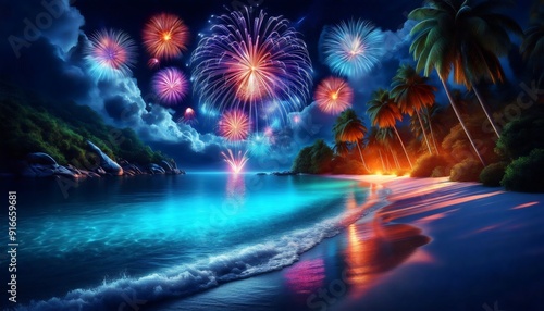 Beautiful Beach Resort with Firework Celebration: Stunning Coastal Resort Scene with Nighttime Festivities