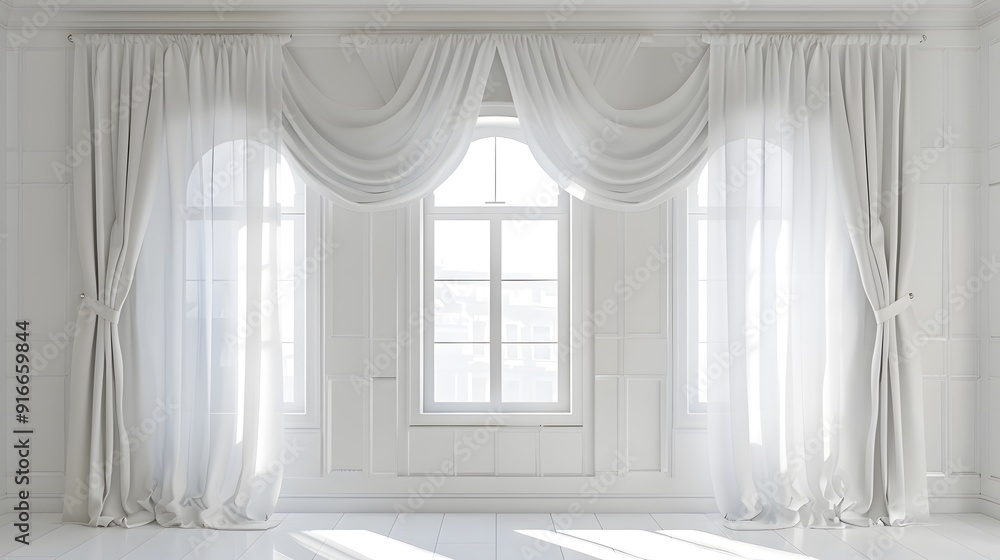 Fototapeta premium 3D rendering of white curtains hanging on a window. Minimalist background for product presentation