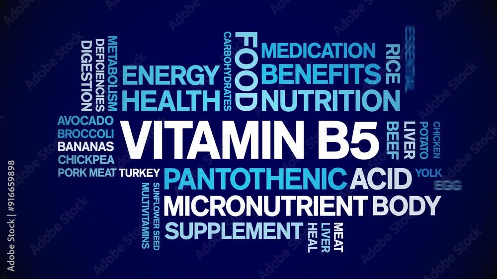Vitamin B5 animated word cloud;text design animation tag kinetic typography seamless loop. Vitamin B5 animated word cloud;text design animation tag kinetic typography seamless loop.