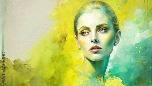 The beautiful face of a woman wearing earrings is artfully painted with watercolors on a lime green background noise texture color gradient with copy space