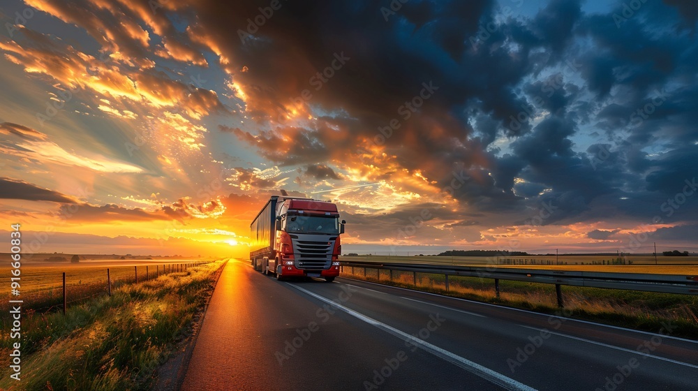 A dramatic view of a truck cresting a hill the city lights in the distance blending into a sea of colors as the truck speeds towards its destination in the early hours of the morning