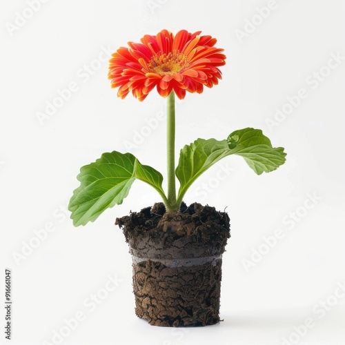 Single Orange Gerbera Daisy Plant in Pot.