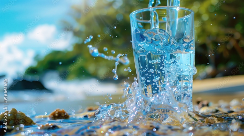 A glass of clear water splashes, clean and refreshing poured into the cup from above, in the freshness of vitality between the river flow A glass of clear water splashes, clean and refreshing poured into the cup from above, in the freshness of vitality between the river flow
