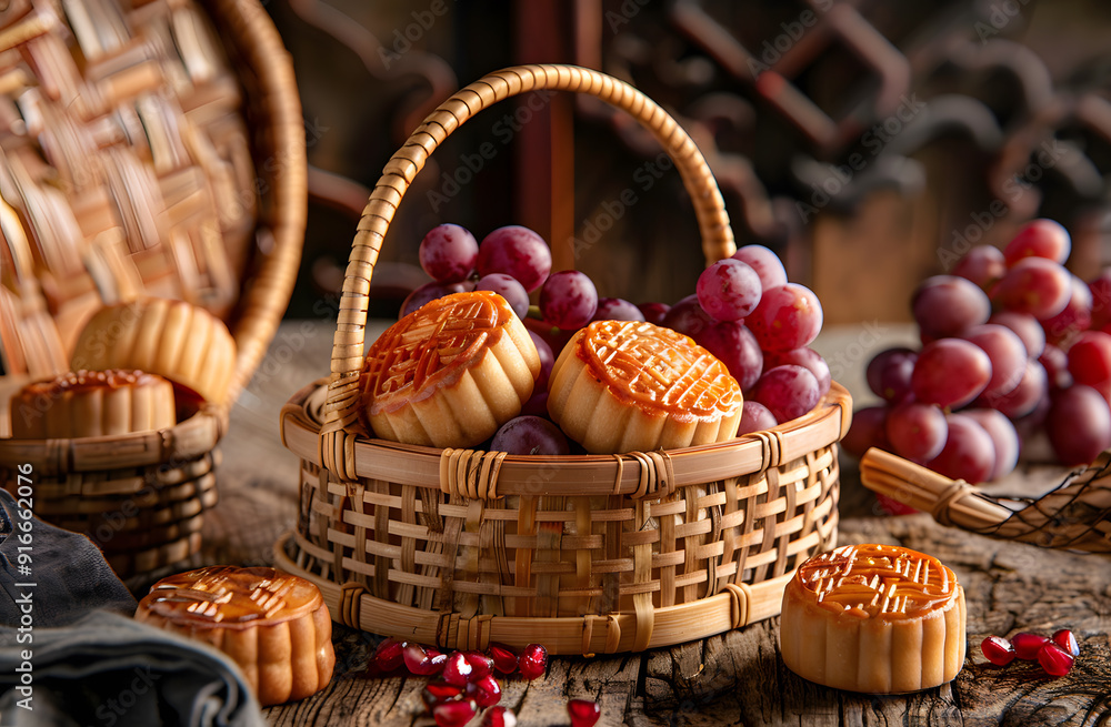 Baskets of traditional Chinese delicacies such as mooncakes and fruits Baskets of traditional Chinese delicacies such as mooncakes and fruits