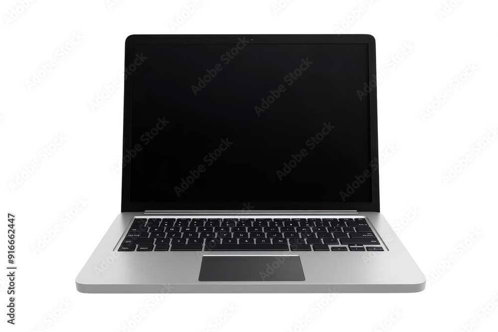 Modern silver laptop with blank screen. Perfect for presentations, design work, and computer-related projects. Modern silver laptop with blank screen. Perfect for presentations, design work, and computer-related projects.