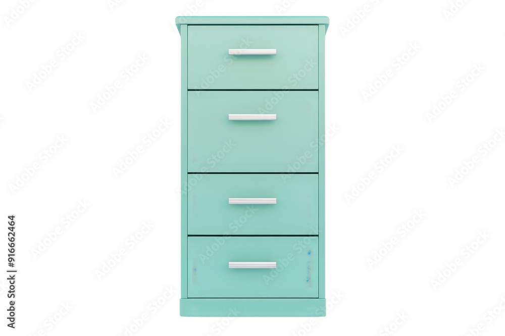 Modern teal four-drawer chest with sleek metal handles, perfect for bedroom or home office storage. Modern teal four-drawer chest with sleek metal handles, perfect for bedroom or home office storage.