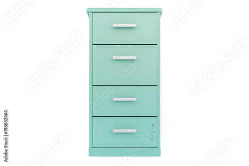 Modern teal four-drawer chest with sleek metal handles, perfect for bedroom or home office storage.