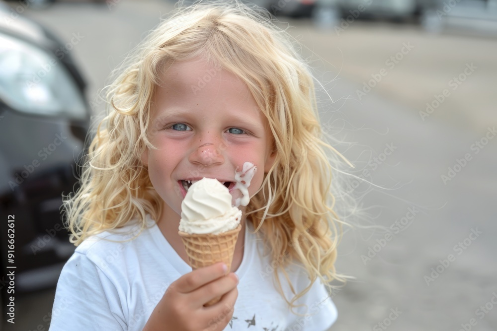 Cheerful young boy long blond hair smiling joyfully outside. Ice cream makes this child's day. Innocence and bliss embodied child's carefree smile. Cheerful young boy long blond hair smiling joyfully outside. Ice cream makes this child's day. Innocence and bliss embodied child's carefree smile.