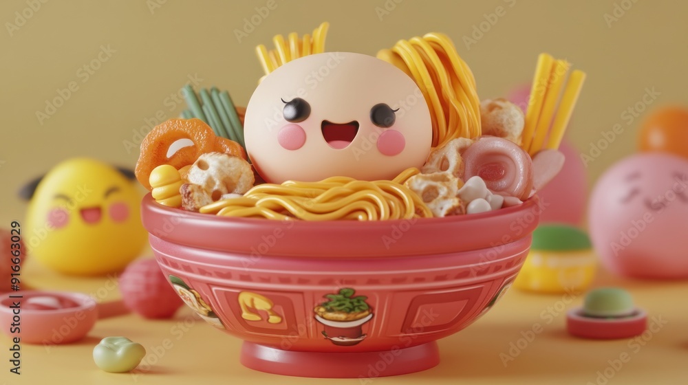 Cute Ramen Bowl with Smiling Character
