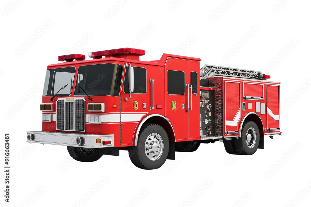 Red fire truck with extended ladder isolated on transparent background. representing emergency response and firefighting equipment. Red fire truck with extended ladder isolated on transparent background. representing emergency response and firefighting equipment.