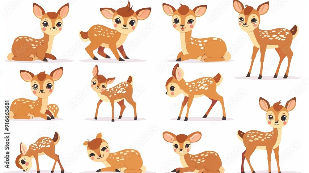 A set of funny baby deer flat icons featuring a cartoon character of a cute fawn. The illustrations show the fawn in various poses, including standing, sitting, and walking. A set of funny baby deer flat icons featuring a cartoon character of a cute fawn. The illustrations show the fawn in various poses, including standing, sitting, and walking.