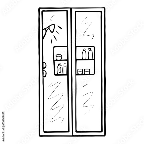Shower stall hand drawn doodle. Washing body and hair. Personal hygiene. Shower room with glass doors. Bathroom. Vector outline line art illustration.