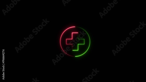 Medical symbol of emergency help. Neon plus sign in circle on black background.