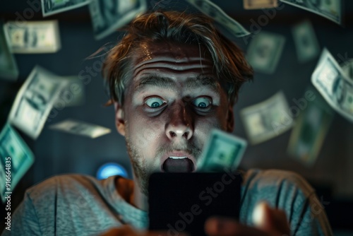 Crypto Trading Becomes More Popular Among New Investors.  Artistic portrayal of male face utter shock and amazement. Expression of fear and awe reflecting internalized emotional turmoil. photo