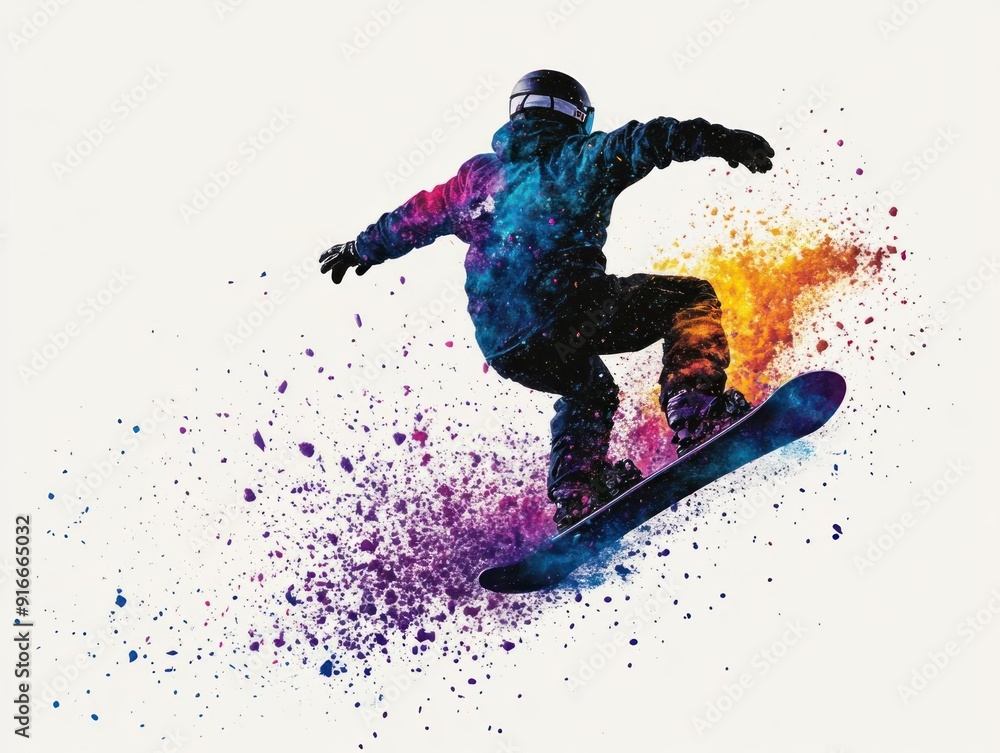 Naklejka premium Silhouette of a snowboarder with colorful spray