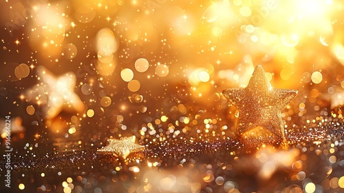 Particles resembling gold dust swirling and sparkling against a gradient gold background