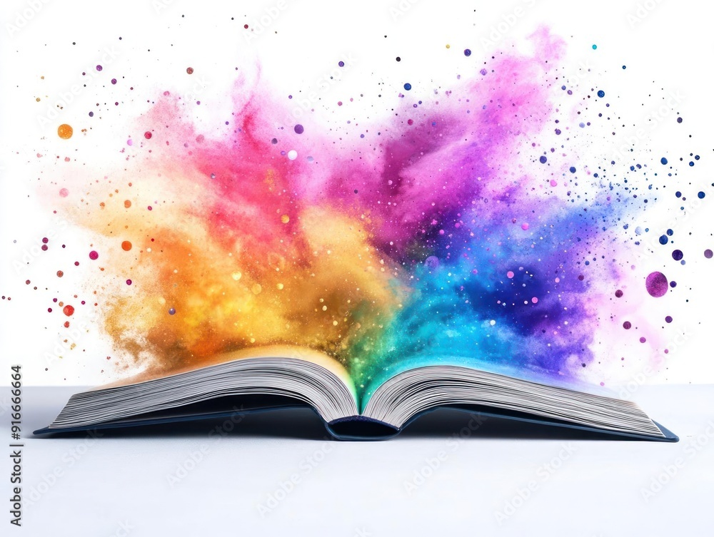 Open book with colorful explosion, representing creativity and imagination.