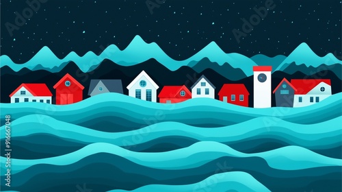 Flat Design Illustration of a Coastal Village at Night Surrounded by Waves.