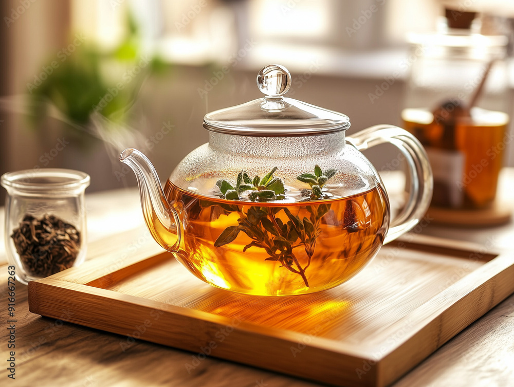 Close-up of a herbal tea infusing in a glass teapot on a wooden tray Close-up of a herbal tea infusing in a glass teapot on a wooden tray