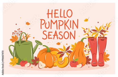 Hello autumn. Design banner with with pumpkin, wellies boots, watering can and autumn leaves. Vector illustration.
