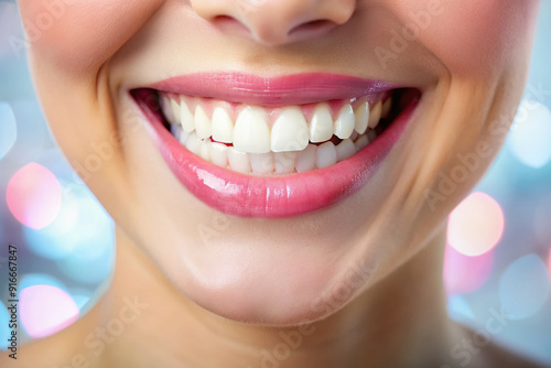 Close-up of a healthy mouth with pearly white teeth, pink gums, and a subtle smile, illuminated by soft natural light against a blurred background.