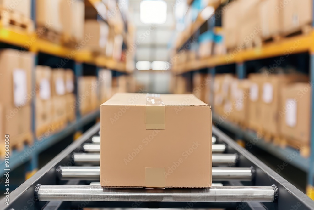 Cardboard box on conveyor belt in warehouse. Logistic and storage concept. Distribution center and shipping background. Cardboard box on conveyor belt in warehouse. Logistic and storage concept. Distribution center and shipping background.