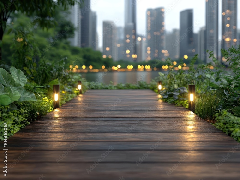 Wooden walkway with lights leading to city skyline